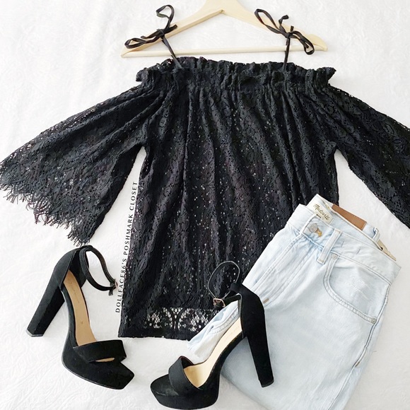 Bebe Black Lace Tied Off Shoulder Top - Picture 3 of 10